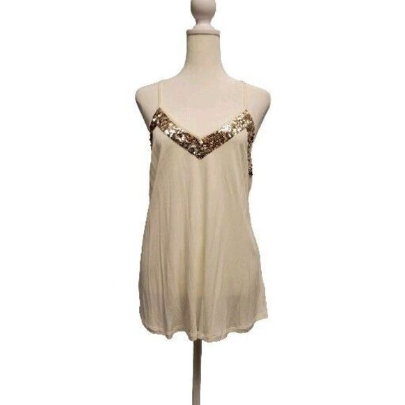 Y2K Express Tank Top Womens Medium Rose Gold Sequin Embellished Cream V-neck - Picture 1 of 10